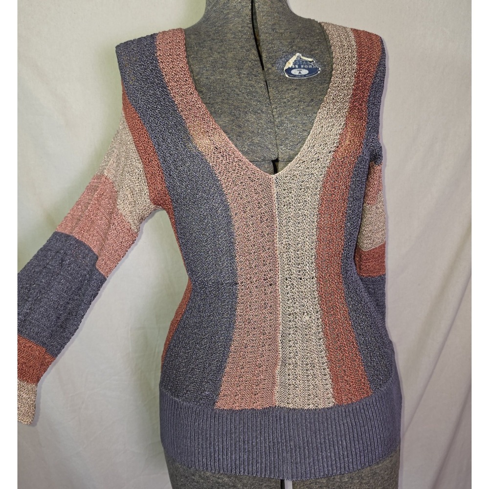 Vintage 90s Y2K Rayon Open Knit Tight Sweater Top Orange Grey Charlotte Russe